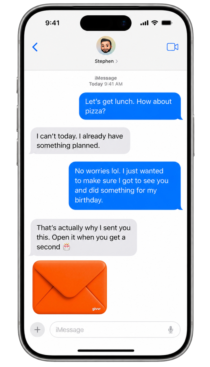 iPhone showing a Givvr gift being sent in iMessage